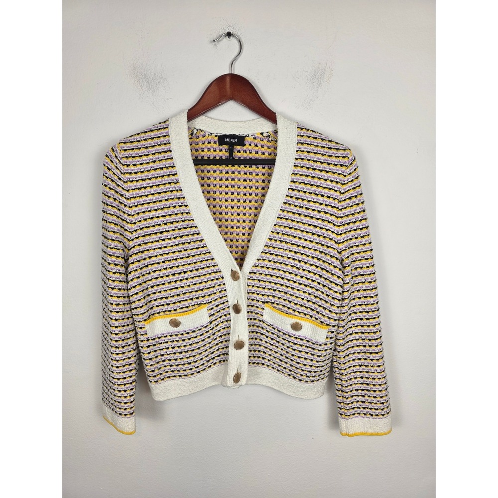 ME+EM Striped Textured Knit Cardigan Yellow Purple Jacquard Buttons Womens Small